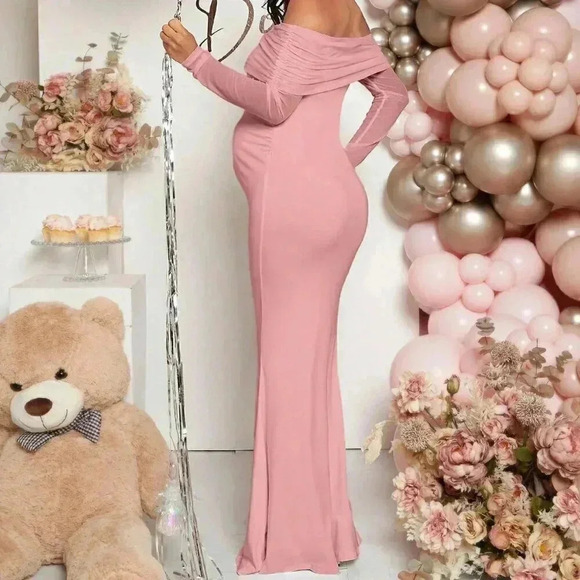 Pink Elegant Women's Maternity Off Shoulder Foldover Dress - Picture 2 of 7
